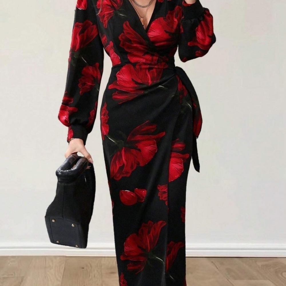 SHEIN Elegant Black and Red Floral Wrap Dress - Picture 3 of 3